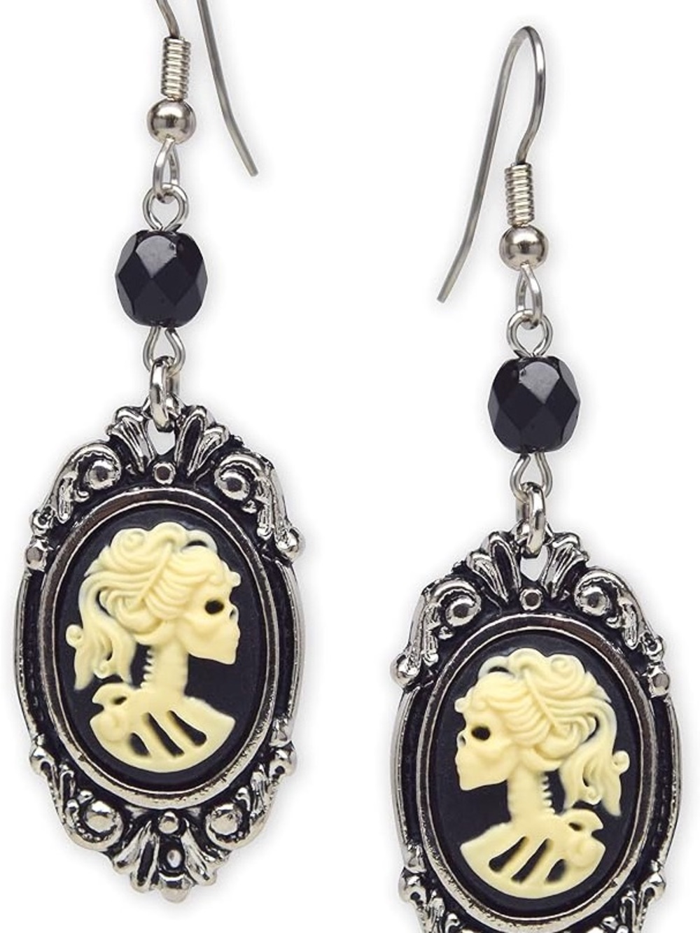 Gothic Lolita Skull Cameo Ivory on Black Silver Finish Frame Dangle Earrings